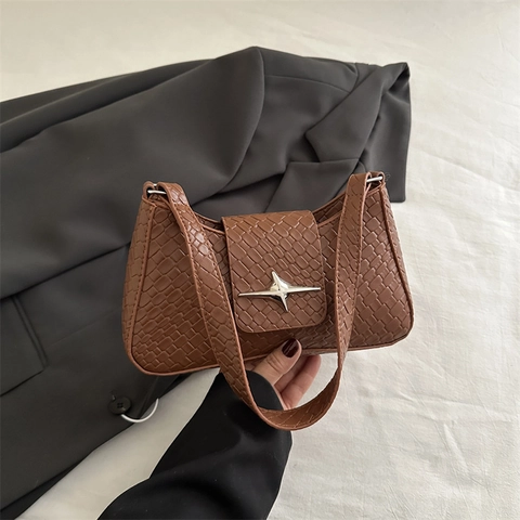 Sac Sous l'Aisselle Vintage Femme en Cuir PU Mode Texture Tressée Crocodile Sac à Épaule Avec Boucle Étoile Argentée Sac de Trajet