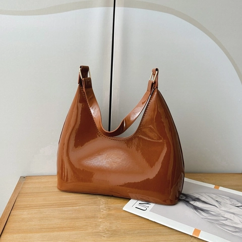 Bolso de Axila de Cuero PU de Charol para Mujer Bolso Hobo de Superficie de Alto Brillo Bolso de Hombro Minimalista Moda Retro Diario