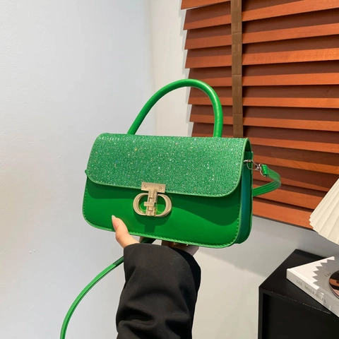 Women Handbag PU Leather Glitter Sequin Flap Turn Lock Retro Crossbody Shoulder Bag Party Small Square Purse