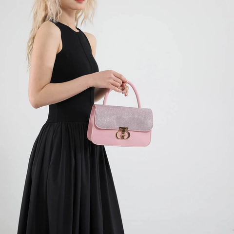 Women Handbag PU Leather Glitter Sequin Flap Turn Lock Retro Crossbody Shoulder Bag Party Small Square Purse
