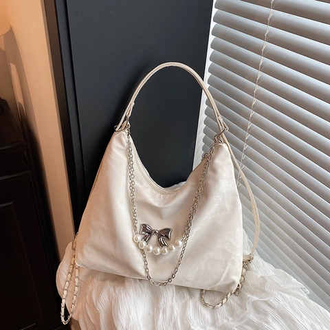 Women's Large Capacity PU Leather Shoulder Bag Butterfly Chain Artificial Pearl Bow Decor Versatile Tote Crossbody Handbag For Daily Fashion