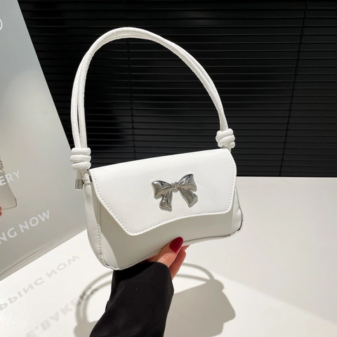 Sac à Épaule en Cuir PU avec Nœud Minimaliste Français pour Femmes Mode Couleur Unie Rabat Sac d'Aisselle Sac à Bandoulière Été