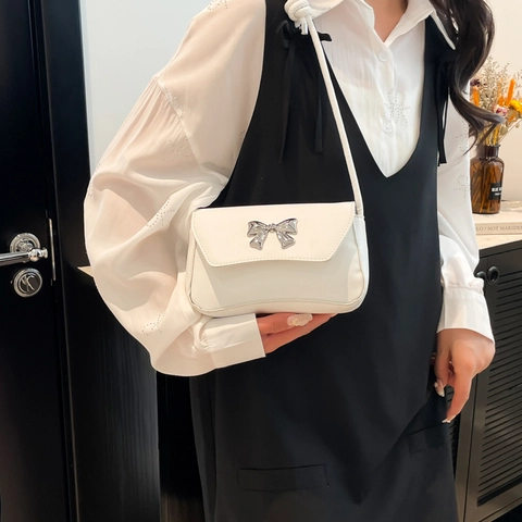 Sac à Épaule en Cuir PU avec Nœud Minimaliste Français pour Femmes Mode Couleur Unie Rabat Sac d'Aisselle Sac à Bandoulière Été