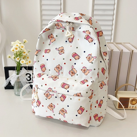 Zaino da Donna Carino Orso Cartone Animato Pois in Nylon Grande Capacità Borsa da Scuola Moda Leggero Zainetto per Studenti