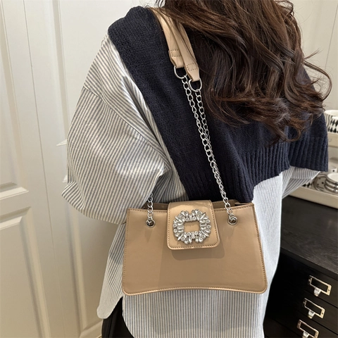 Women Baguette Shoulder Bag PU Leather Underarm Crossbody With Rhinestone Buckle Silver Chain Fashion Commute