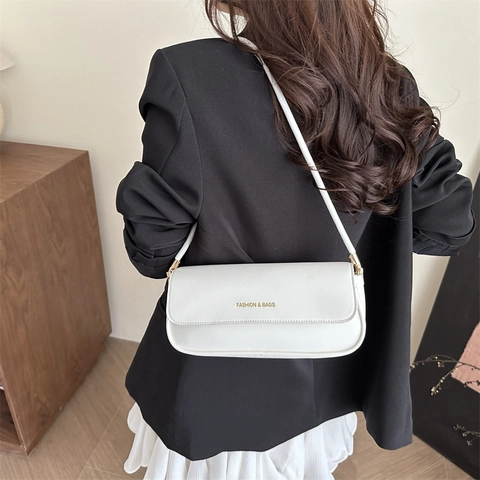 Women Minimalist PU Leather Baguette Underarm Shoulder Bag Fashion Letters Print Solid Color Casual Small Square Bag