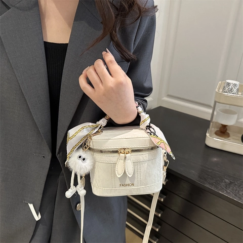Women Vintage PU Leather Vanity Box Shoulder Bag With Marble Texture Silk Scarf Handle And Plush Charm Crossbody Handbag