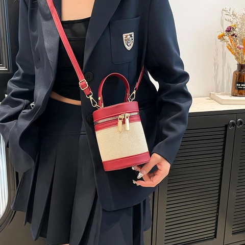 Women Cylinder Bucket Bag Canvas PU Leather Patchwork Contrast Color Handbag Shoulder Crossbody Bag Niche Design Fashion Purse