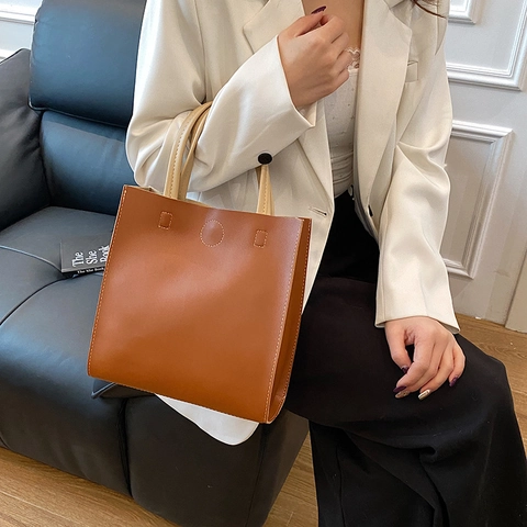 Bolso de Mano de Gran Capacidad para Mujer Minimalista de Cuero PU Bolso de Hombro Color Sólido Hebilla Magnética para Oficina