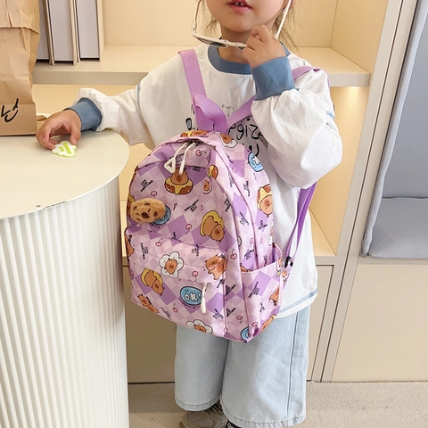 Cartoon Bear Print Kids Backpack With Plush Charm Cute Checkerboard Pattern School Bag For Kindergarten Boys Girls Lightweight Nylon Travel Daypack