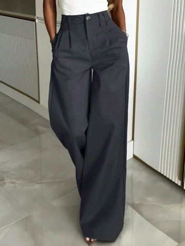 Pantalones De Pierna Ancha De Cintura Alta Para Mujer Poliéster Plisado Informal Oficina Color Sólido