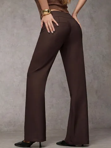 Pantaloni da Completo Donna a Vita Alta Con Doppia Fibbia Gamba Larga Drappeggiati Dritti Eleganti da Ufficio Poliestere