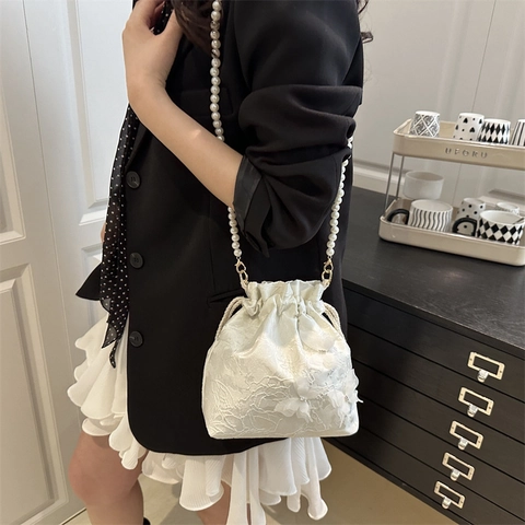 Butterfly Jacquard Bucket Bag Women Drawstring Pouch Artificial Pearl Strap Lace Polyester Elegant Sweet Shoulder Handbag Small