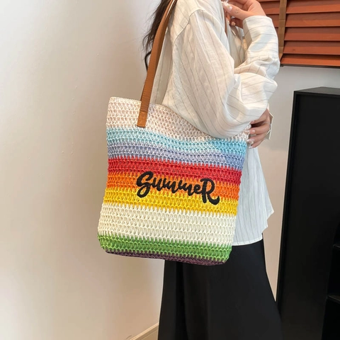 Borsa Tote Intrecciata A Righe Arcobaleno Con Manico In Pelle PU Ricamo Estivo Grande Capacità Borsa A Spalla Da Spiaggia