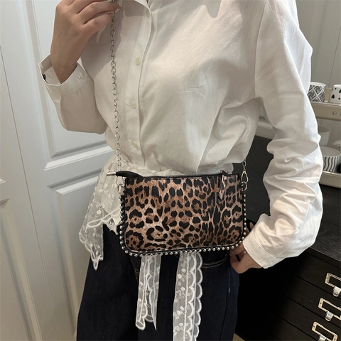 Borsa Donna alla Moda con Stampa Leopardata Piccola Borsa a Tracolla Street Trend Retro Rivetti Catena in Metallo Borsa a Spalla