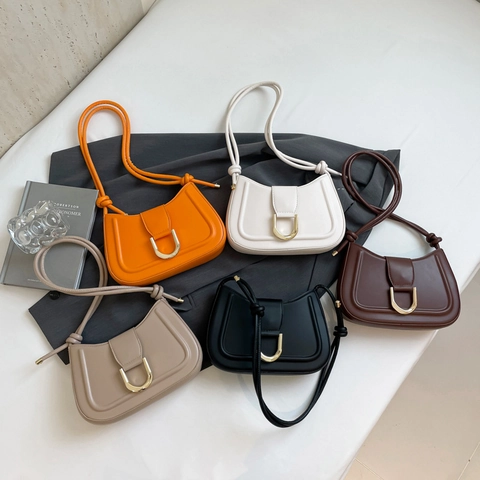 Women Underarm Shoulder Bag Crescent Moon Shape PU Leather Gold Metal Buckle French Style Knotted Strap Handbag