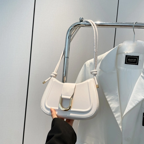 Women Underarm Shoulder Bag Crescent Moon Shape PU Leather Gold Metal Buckle French Style Knotted Strap Handbag