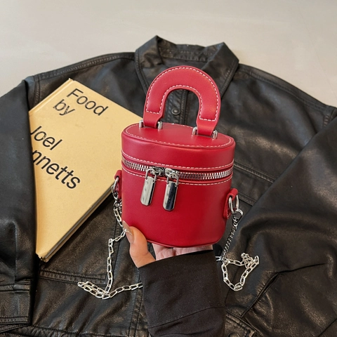 Mini Cylinder PU Leather Handbag Fashion Crossbody Bucket Bag With Silver Metal Chain Strap And Top Handle For Women Small Cosmetic Box Style