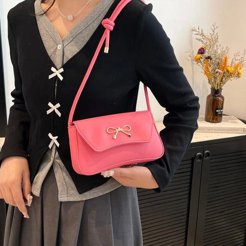 Koreanischer Stil PU Leder Achsel Umhängetasche Mit Metallschleife Elegante Baguette Tasche Für Damen Alltag