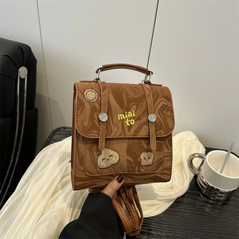 Zaino in Pelle PU Vintage con Stampa Marmorea per Donna Borsa a Tracolla Studentesse College Toppa Ricamo Cartoon Borsa a Mano da Viaggio Quadrata Casuale