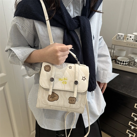 Zaino in Pelle PU Vintage con Stampa Marmorea per Donna Borsa a Tracolla Studentesse College Toppa Ricamo Cartoon Borsa a Mano da Viaggio Quadrata Casuale