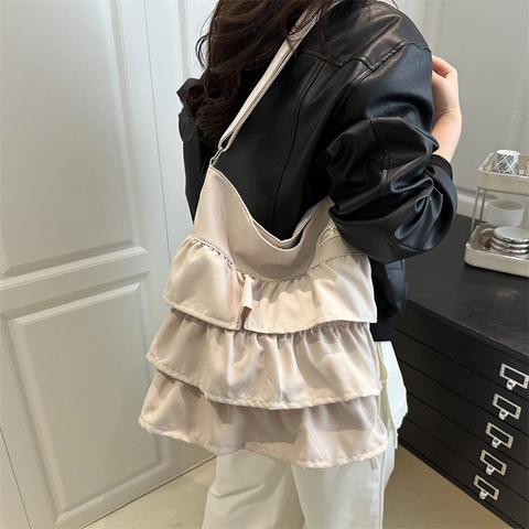 Bolso Tote de Mujer con Volantes Gran Capacidad Bolso de Hombro Casual Color Sólido Cuero PU Hobo Moda Diaria