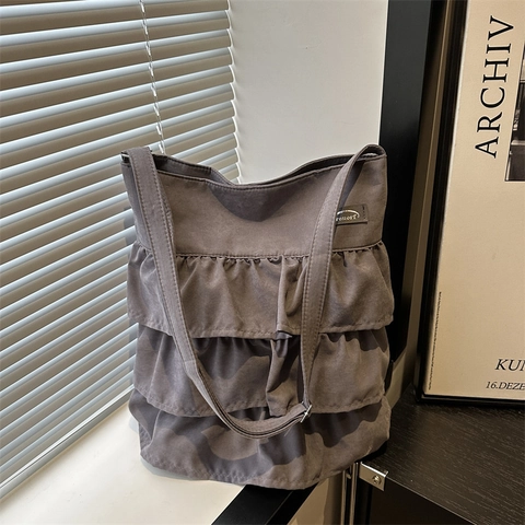 Bolso Bandolera de Lona con Volantes Estilo Coreano para Mujer Gran Capacidad Bolso Tote Plisado Color Sólido Casual Diario