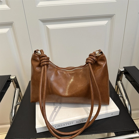 Bolso de Hombro de Cuero PU para Mujer Bolso de Axila Vintage Hobo con Detalle de Nudo Color Sólido Diario Casual