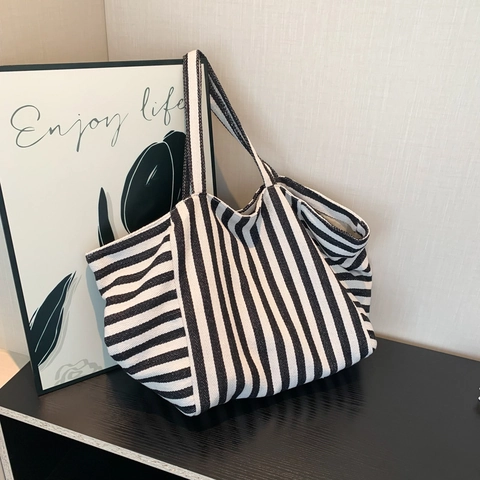 Damen Canvas Gestreifte Tragetasche Große Kapazität Pendeln Schultertasche Minimalistisch Lässig Shopping Handtasche Mit Reißverschluss