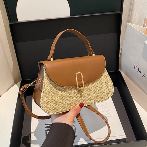 Borsa a Tracolla Patchwork in Paglia Moda Donna Borsa a Mano Piccola Quadrata Intrecciata Pelle PU Borsa a Tracolla Spiaggia Vacanze Serratura in Metallo
