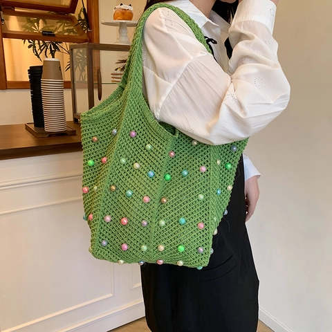 Women Large Capacity Crochet Woven Tote Bag With Colorful Imitation Artificial Pearl Hollow Out Shoulder Beach Holiday Bag