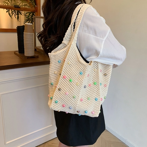 Women Large Capacity Crochet Woven Tote Bag With Colorful Imitation Artificial Pearl Hollow Out Shoulder Beach Holiday Bag