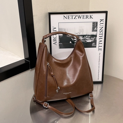 Women's Vintage PU Leather Hobo Tote Bag Large Capacity Urban Minimalist Shoulder Bag Retro Solid Color Commuter Handbag