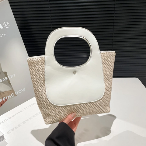 Borsa A Mano Vintage In Paglia Intrecciata Patchwork Pelle PU Tote Mare Estate Con Manico Circolare Minimalista