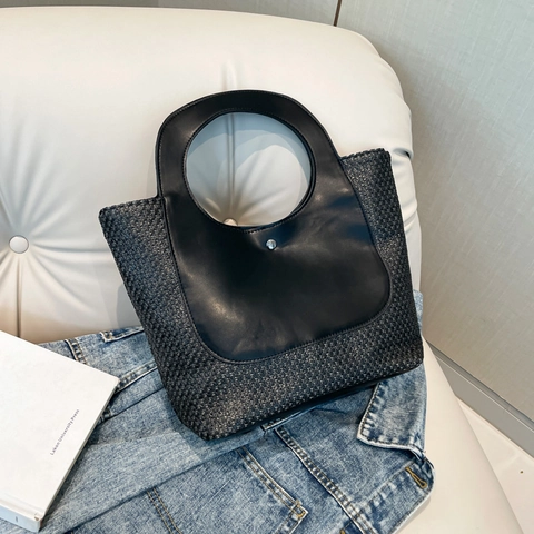 Borsa A Mano Vintage In Paglia Intrecciata Patchwork Pelle PU Tote Mare Estate Con Manico Circolare Minimalista
