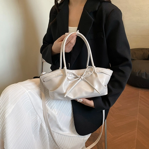 Borsa Tote da Donna con Fiocco Plissettata in Pelle PU Grande Capacità Tracolla Casual Borsa a Mano Versatile per Pendolarismo