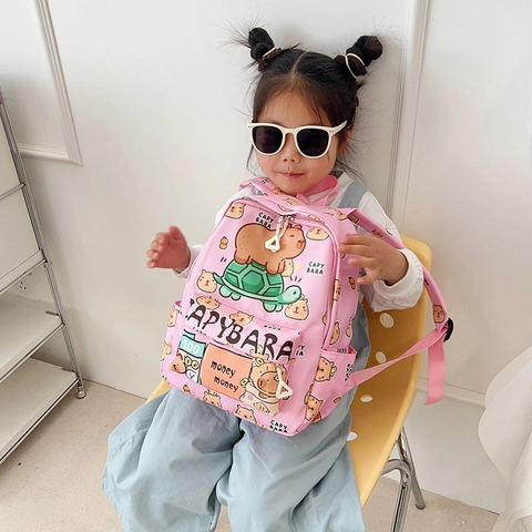 Cute Capybara Print Kids School Backpack Large Capacity Lightweight Nylon Travel Bookbag For Boys Girls Casual Daily Use