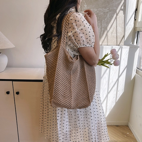 Damen Strick Tote Bag Mit Lochmuster Große Kapazität Gehäkelte Gewebte Schultertasche Sommer Strand Boho Stil