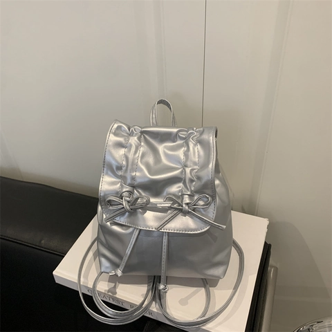 Damen Gefalteter Schleifen Mini Rucksack Koreanischer Stil PU Leder Kordelzug Kleiner Schulranzen Reise Tagesrucksack Mädchen