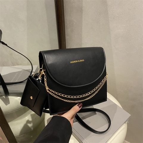 Damen Mode PU Leder Umhängetasche Goldene Kette Dekor Minimalistische Einfarbige Umhängetasche Mit Passender Minitasche Mode Handtasche