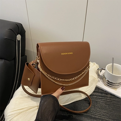 Damen Mode PU Leder Umhängetasche Goldene Kette Dekor Minimalistische Einfarbige Umhängetasche Mit Passender Minitasche Mode Handtasche