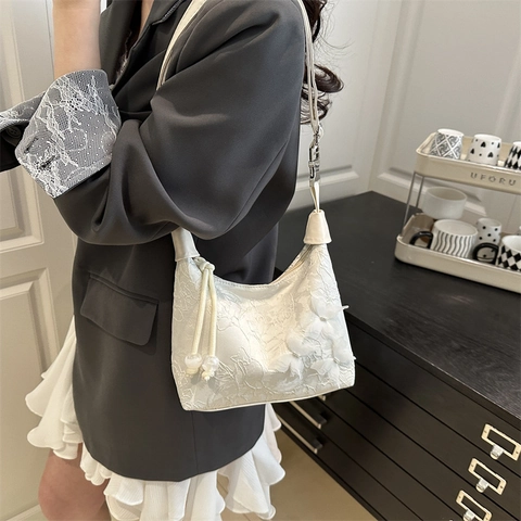 Women Elegant Lace Butterfly Underarm Bag 3D Floral Jacquard Hobo Shoulder Bag With Beads Strap Casual Fashion Handbag
