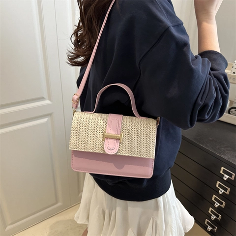 Borsa a Tracolla Patchwork in Paglia da Donna Moda Intrecciata Piccola Borsa Quadrata Con Manico Superiore Fibbia in Metallo Borsa Mare Vacanza