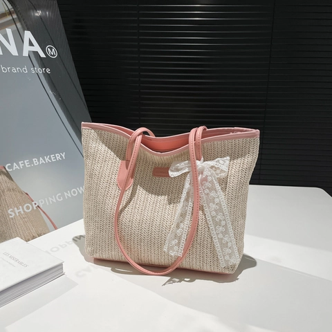 Damen Große Kapazität Stroh Gewebte Tragetasche Mode Spitze Schleife Schulter Handtasche Lässig Sommer Strandurlaub Tasche