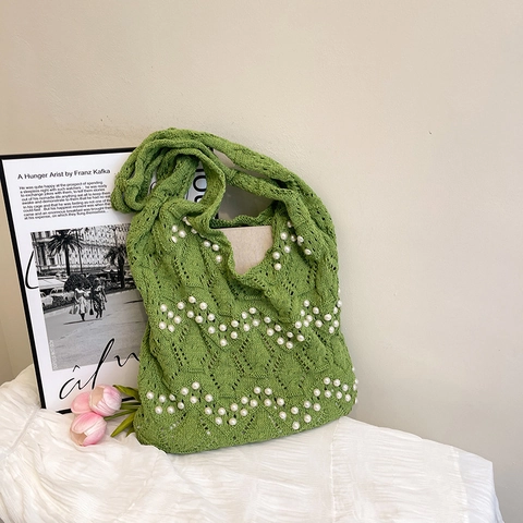 Women Knitted Woven Shoulder Bag Hollow Out Pearl Decor Tote Bag Retro Summer Beach Casual Crochet Handbag For Daily Use