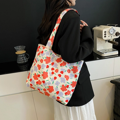 Dames Bloemenprint Canvas Tote Bag Grote Capaciteit Esthetische Tulp Shopping Schoudertas Met Ster Hanger Handtas