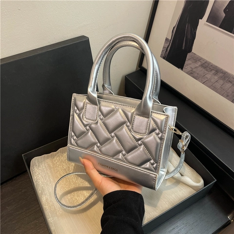 Women Quilted Square Crossbody Bag PU Leather Top Handle Handbag Fashion Shoulder Bag For Daily Use