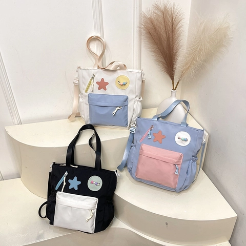 Sac Cabas en Nylon Style Preppy pour Femmes Couleur Contrastée Grande Capacité Sac à Épaule École Sac Bandoulière Avec Patch Étoile
