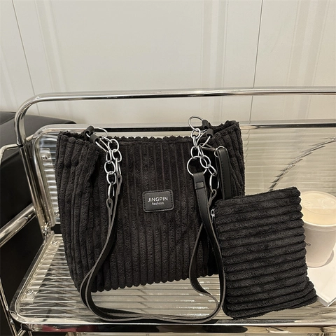 Women Corduroy Tote Bag And Pouch Set Large Capacity Shoulder Bag With Chain Street Style Handbag For Commuting Daily Wear