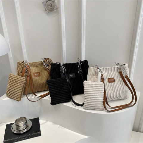 Borsa Tote in Velluto a Coste di Grande Capacità da Donna Set da 2 Pezzi Con Tracolla a Catena Borsa a Spalla Casual